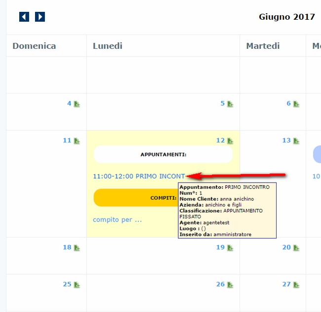 visualizzazione rapida appuntamento al passaggio del mouse sopra la scritta