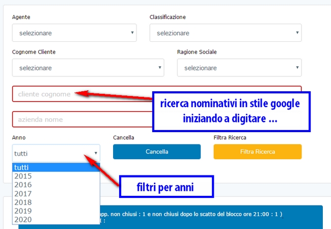 filtri avanzati di ricerca appuntamenti call center agenda agenti