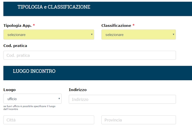 Inserisci un appuntamento tipologia e classificazione