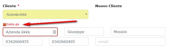 Verifica automatica che indica durante la digitazione se il cliente è già nell'archivio o se si tratta di un nuovo cliente