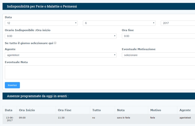 fuori servizio per inserire i giorni di ferie, malattia, assenza