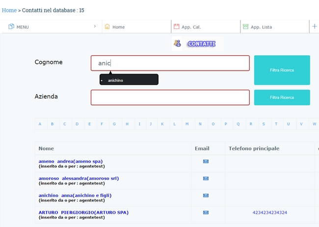 contatti lista con suddivisione per lettera alfabetica