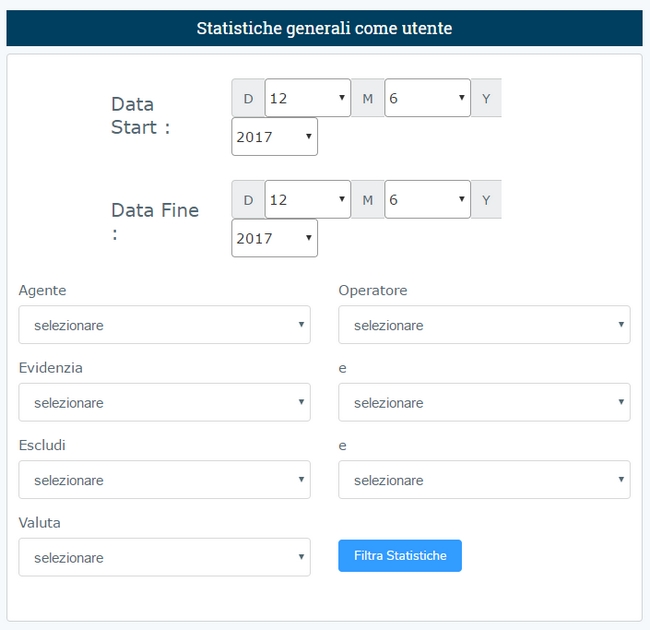 statistiche call center Esistono dei filtri per selezionare un preciso periodo di riferimento, includere o escludere valori di classificazione e tipologia appuntamento