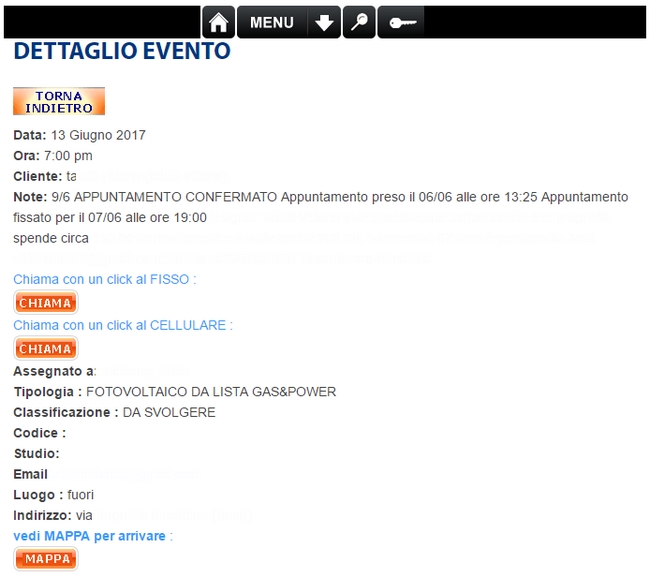 dettaglio evento appuntamento con google map per raggiungere il cliente del call center grazie all'agenda