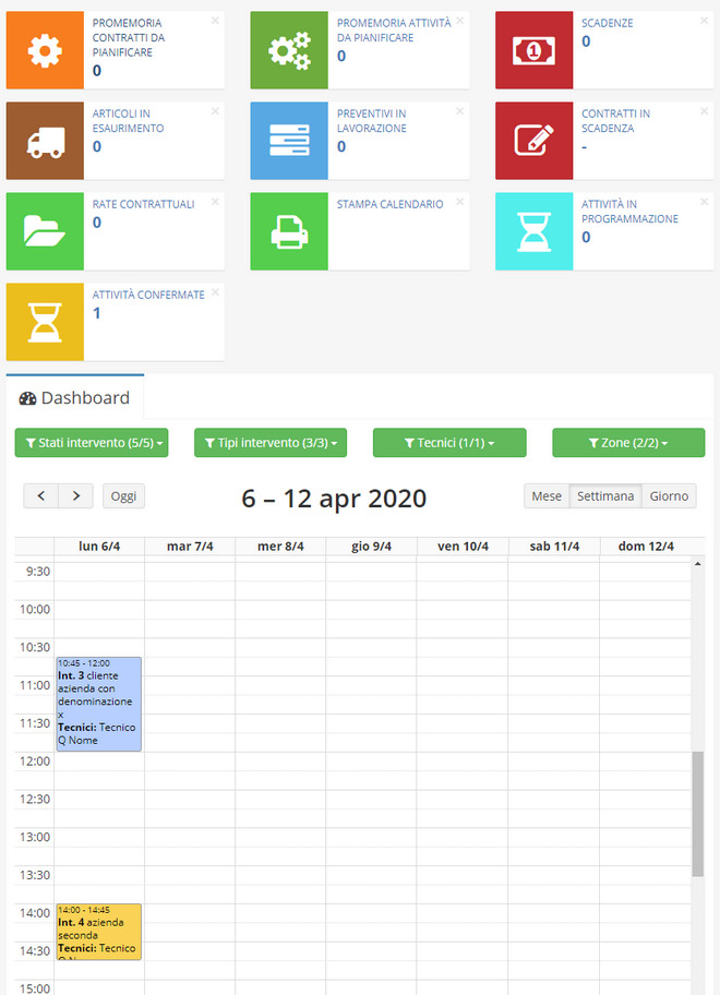 La dashboard del programma gestione assistenza e manutenzione impiantisti ed installatori