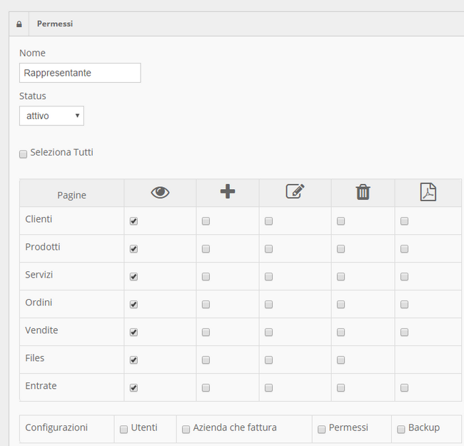 Configura Permessi esempio per ruolo