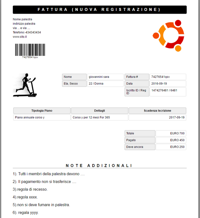 stampa immediata della fattura degli iscritti alla palestra