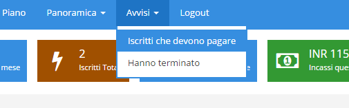 sezione di avvisi per verificare chi non ha ancora saldato quanto dovuto o chi ha terminato la sua iscrizione ad un corso a cui ha partecipato