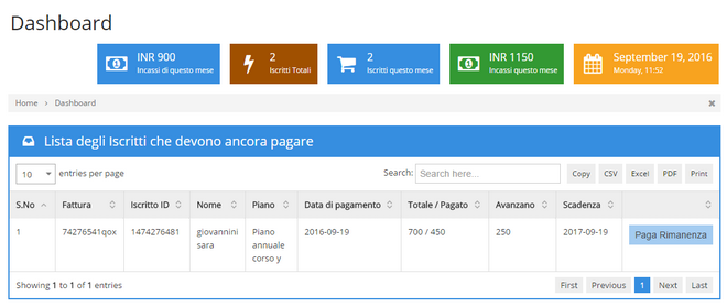 pagamento delle rimanenze dovute per le quote di partecipazione ad un corso, per ogni iscritto