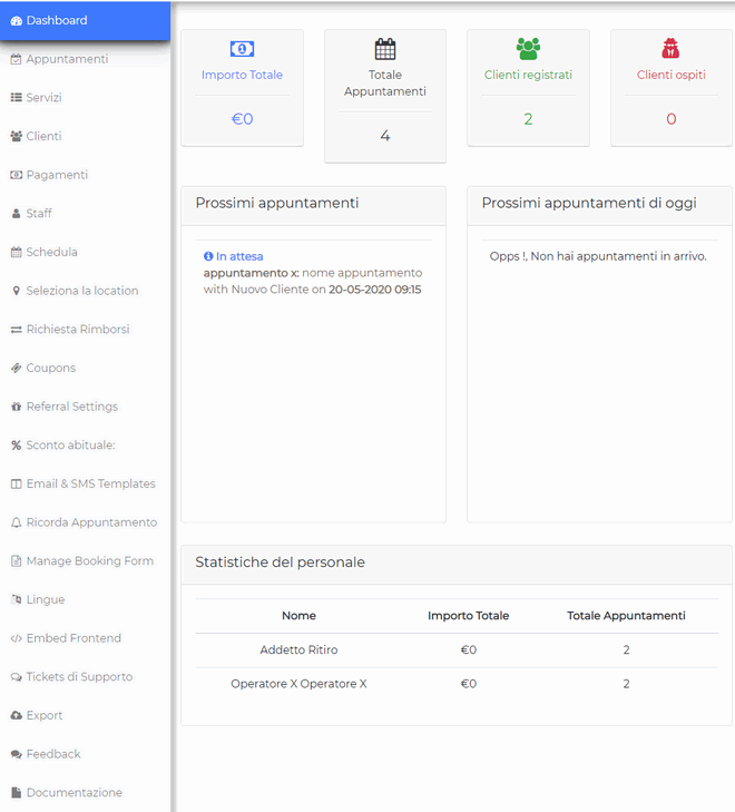 Pagina principale di gestione del programma prenotazioni online e ritiro della merce in negozio 