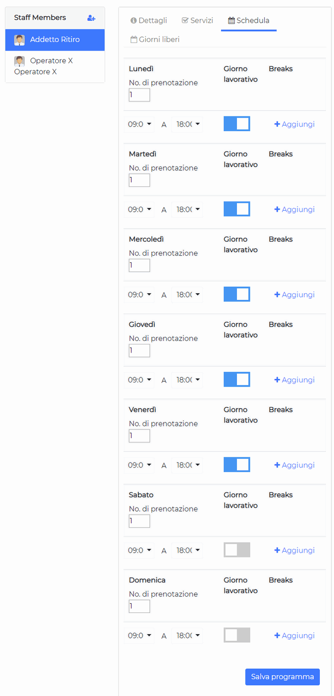 Schedulazione degli orari e numeri di prenotazione gestibili da ogni addetto