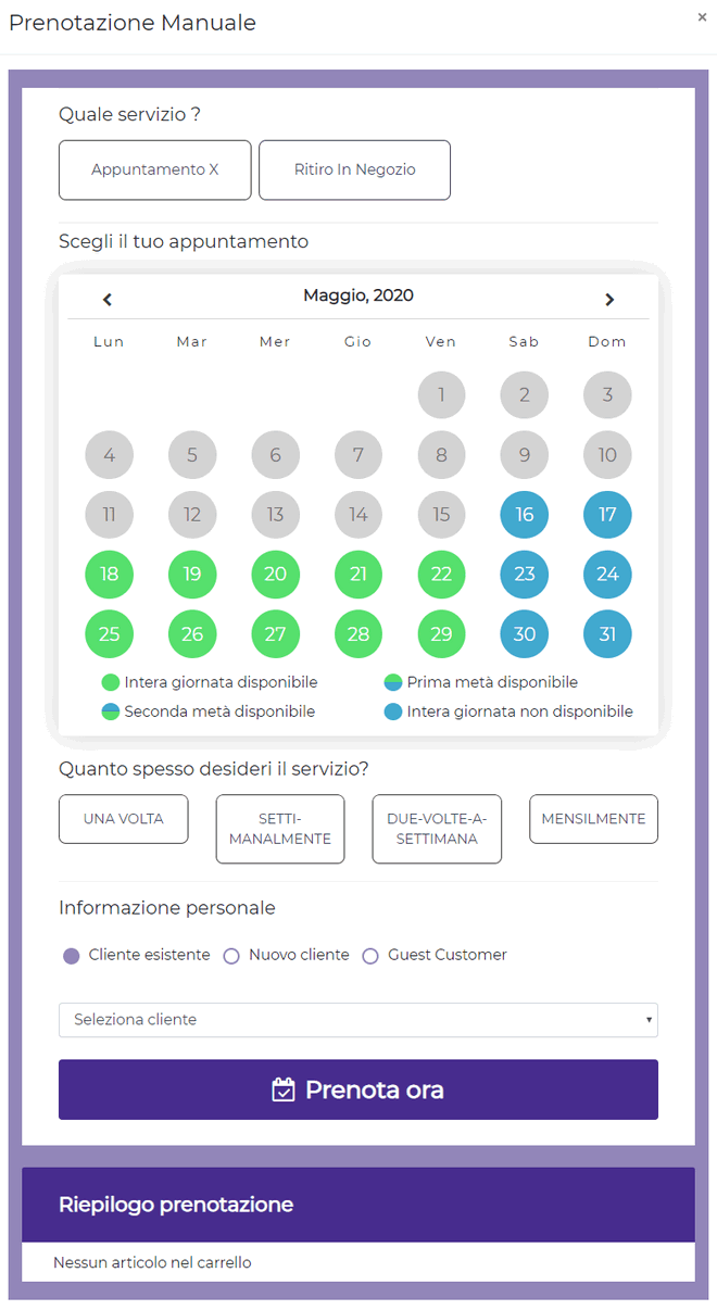 Prenotazione manuale da parte dell'amministratore o addetto vendite