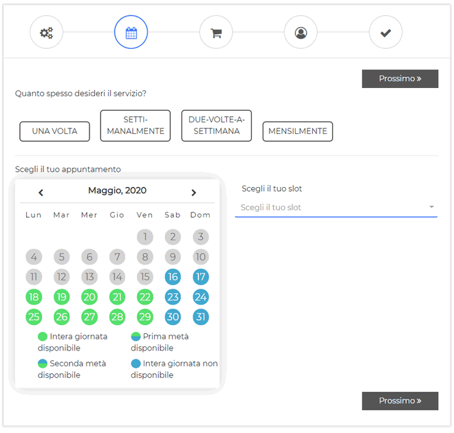 Una volta definite tutte le opzioni appare il calendario per fissare la prenotazione