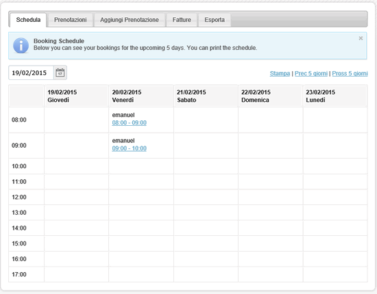 Il riepilogo delle prenotazioni in visione settimanale