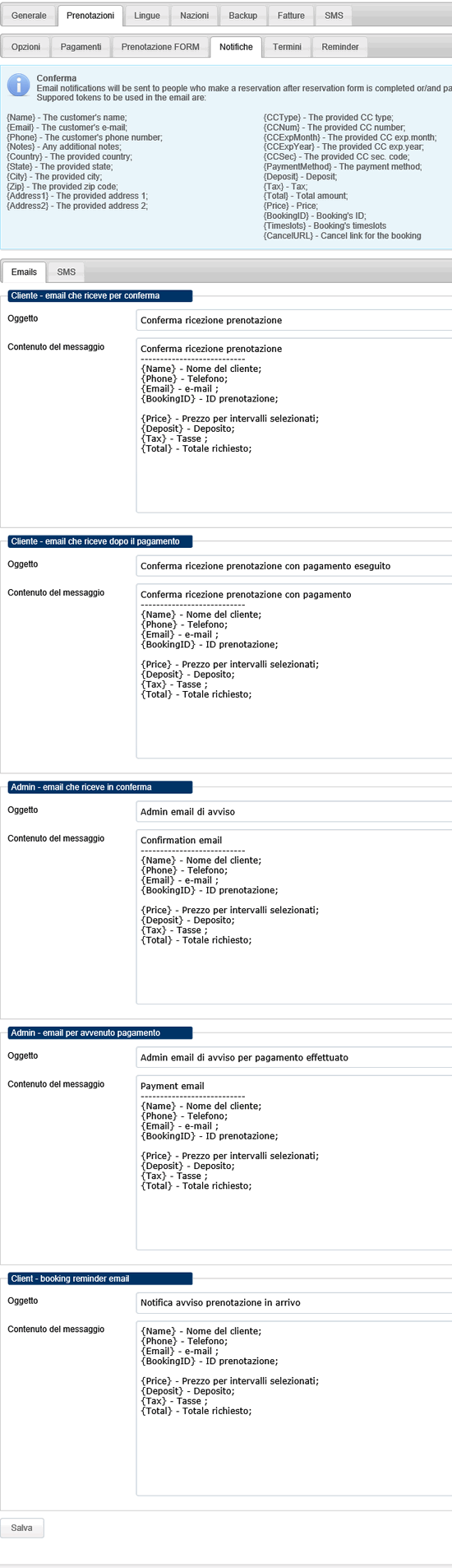 Opzioni delle email e sms di notifica che arrivano al cliente e all'amministratore