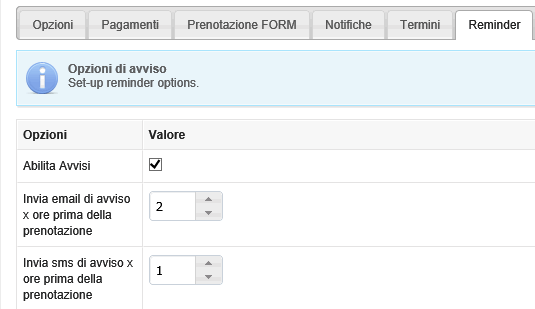 Notifiche abilate o disabilitate, con reminder email e sms