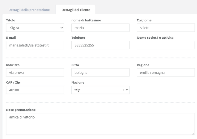 Dettaglio di una prenotazione : nome cliente