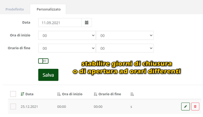 orari personalizzati di chiusura del ristorante o di apertura