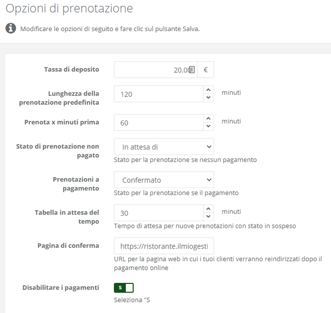 Opzioni di prenotazione