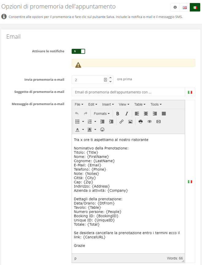 Opzioni promemoria email