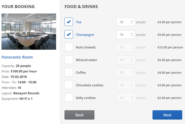selezione sala conferenze con bevande e cibo