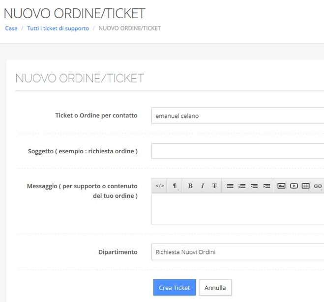 nuovo ordine ticket